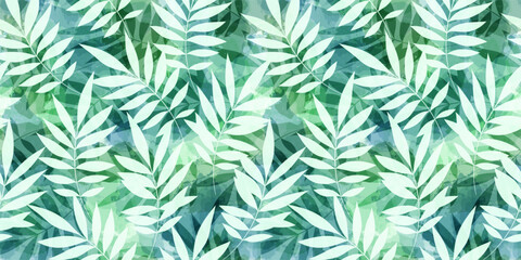 Naklejka na ściany i meble Watercolor palm leaves seamless vector pattern. Exotic leaves green background, textured jungle print