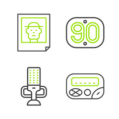 Set line Pager, Microphone, 90s Retro and Photo icon. Vector