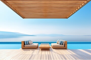 Fototapeta premium Interior of modern living room sofa or couch with beautiful sea view. Generative AI