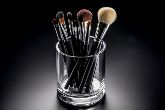 Makeup brushes in a glass. Clean professional makeup brushes set for make-up artist, cosmetics