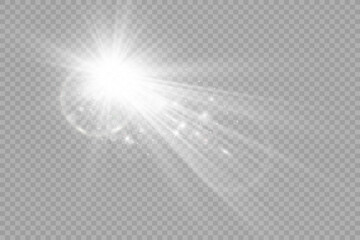 Special lens flash, light effect. The flash flashes rays and searchlight. illust.White glowing light. Beautiful star Light from the rays. The sun is backlit. Bright beautiful star. Sunlight. Glare.	
