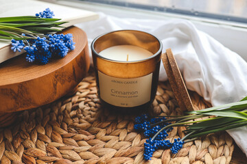 Candle with isolated label in home interior
