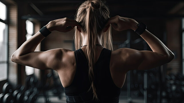back view on a sporty young woman in the gym. Generative AI