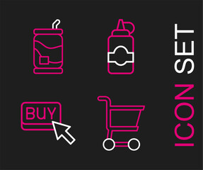 Set line Shopping cart, Buy button, Sauce bottle and Soda can icon. Vector