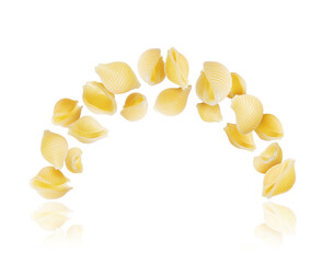 Tasty macaroni in the air close up isolated on a white background