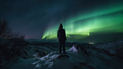Fototapeta premium a person stands in the night in winter and looks at the polar. Generative AI