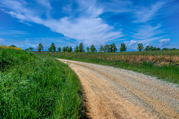 A dirt road through green meadows with blue skies and white clouds in the landscape of the Po Valley countryside in the province of Cuneo, Italy, with Mount Monviso in the background