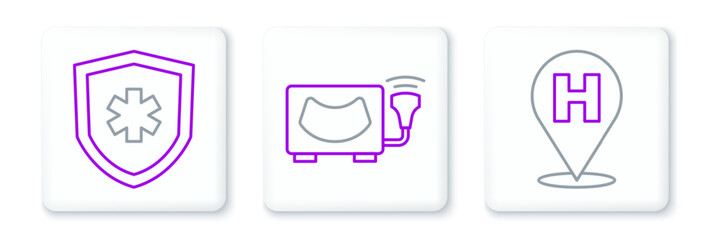 Set line Location hospital, Life insurance and Ultrasound icon. Vector