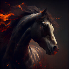 Horse portrait with fire and smoke on a dark background. Digital painting.