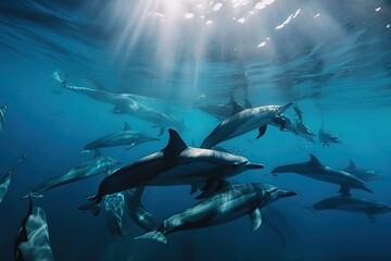 dolphin pod swimming together in tropical ocean, created with generative ai - obrazy, fototapety, plakaty