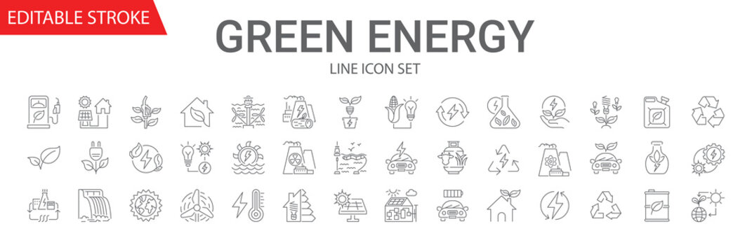 Green energy vector linear icons set. Electric car, nuclear plant, wind power, solar panels, green energy, water resource, bio fuel, air pollution, global warming, climate change. Editable stroke