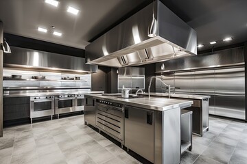 restaurant kitchen with sleek and stylish design, featuring modern appliances and stainless steel, created with generative ai