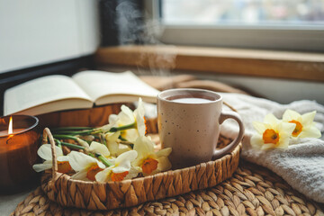 Cup of hot tea and spring home interior. good morning concept