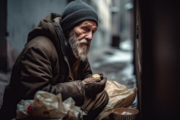 Portrait of homeless man, close up. Tramp on city street. Bearded, wrinkled man. Social inequality. Created with Generative AI