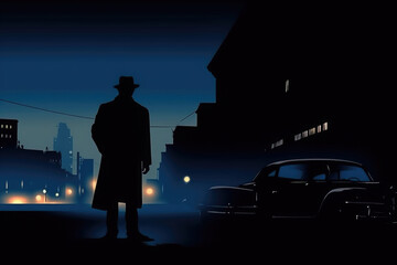 Silhouette of a man in a hat and coat on a night street. Gangster, mafia or old fashioned detective on mission. Noir style. Created with Generative AI