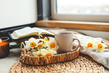 Bible, flowers, cup of tea. Christian good morning concept