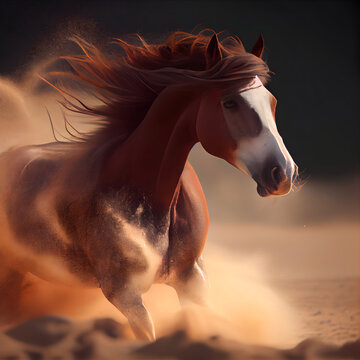 Beautiful bay horse with long mane running on sand in desert