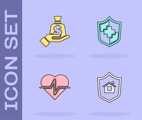 Set House with shield, Money in hand, Life insurance and icon. Vector
