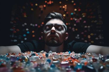 A person surrounded by pills and tablets. Generative ai
