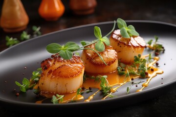 beautiful plate of sous-vide seared scallops with herbs and spices, created with generative ai