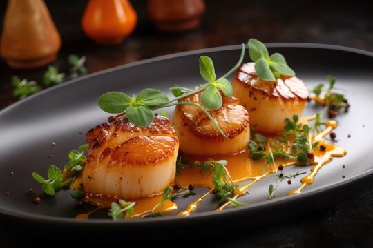 beautiful plate of sous-vide seared scallops with herbs and spices, created with generative ai