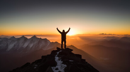 On the peak of the mountain man's silhouette with arms raised at sunset. Generative AI