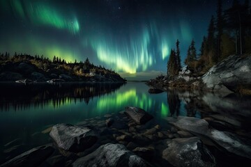 Fototapeta na wymiar auroras dancing over the calm waters of a lake, created with generative ai