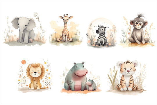 Safari Animal set lion, hippopotamus, elephant, monkey and giraffe, zebra and tiger are sitting on the lawn in 3d style. Isolated. Generative AI