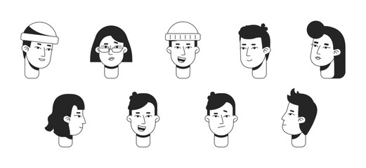 Business startuppers and leaders flat line bw vector character heads pack. Editable simple outline avatar icons. Cartoon style spot illustrations bundle for web graphic design and animation