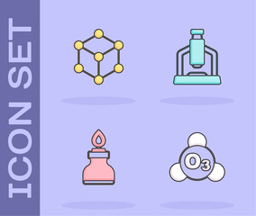 Set Ozone, Molecule, Alcohol or spirit burner and Microscope icon. Vector