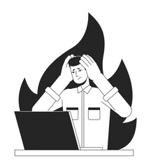 Job burnout bw concept vector spot illustration. Stressed employee with laptop at work 2D cartoon flat line monochromatic character for web app UI design. Exhaustion editable outline hero image