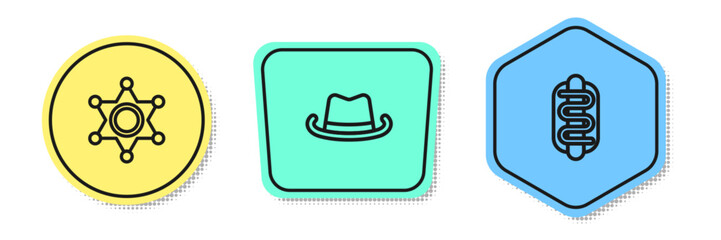 Set line Hexagram sheriff, Western cowboy hat and Hotdog sandwich. Colored shapes. Vector