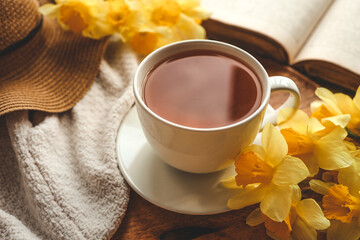 Cup of hot tea and spring home interior. good morning concept