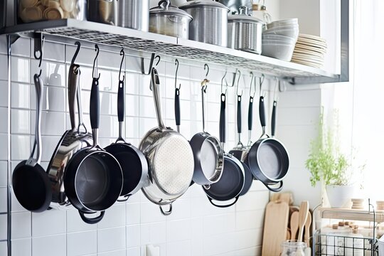 pots and pans hanging from hooks in an organized kitchen, created with generative ai