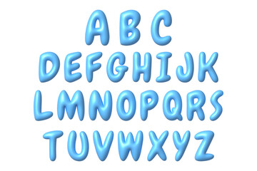 Set of blue 3D letters icons. Cute metallic cartoon font with shiny bright highlights. 3d realistic vector design element.