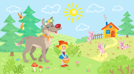 Little Red Riding Hood, gray wolf and three funny piglets in a forest glade among trees and flowers. Heroes of a fairy tale. Summer landscape. In cartoon style. Vector flat illustration.