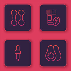 Set line Dumbbell, Pipette with oil, Vitamin pill and Avocado fruit. Blue square button. Vector