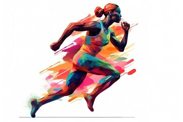 Colorful abstract digital painting of female runner. White background. Generative AI illustration