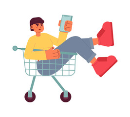 Online shopper choosing goods in shopping trolley semi flat colorful vector character. Editable full body person on white. Simple cartoon spot illustration for web graphic design and animation