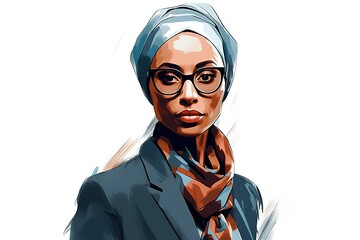 Abstract digital illustration of Muslim businesswoman over white background. Generative AI digital portrait