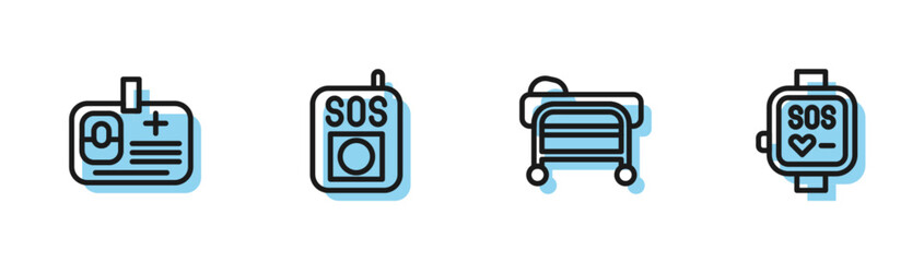 Set line Stretcher, Identification badge, Press the SOS button and Smart watch icon. Vector