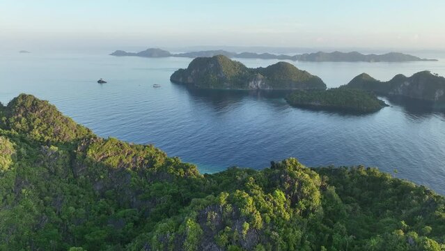 Early morning light shines on the dramatic limestone islands that rise from Raja Ampat's seascape. This remote part of Indonesia is known for its incredible marine biodiversity.
