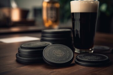 Round, black beer coasters in mockup. Generative AI