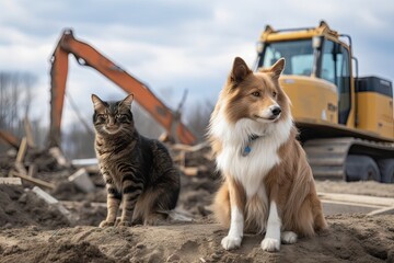 Naklejka na ściany i meble construction site with dog and cat helping to rebuild community after natural disaster, created with generative ai