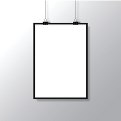 realistic blank white paper hanging clip mockup template vertical, empty sheet with shadow, vector illustration