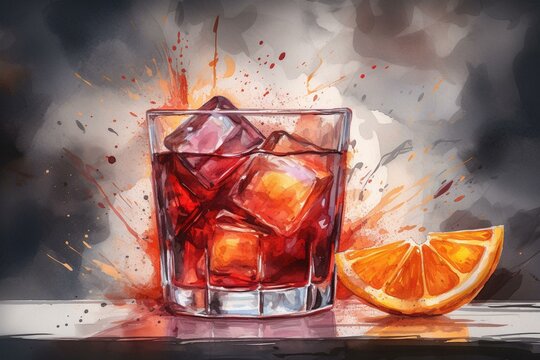 Watercolor splash Negroni drink artwork. Generative AI