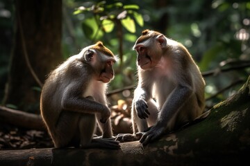 AI Generative. "Discover the Power of Social Bonds: Witness Two Macaques Grooming each Other"