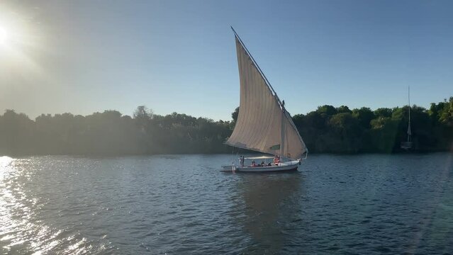 Beautiful landscape with felucca boats on the Nile river in Aswan, Egypt