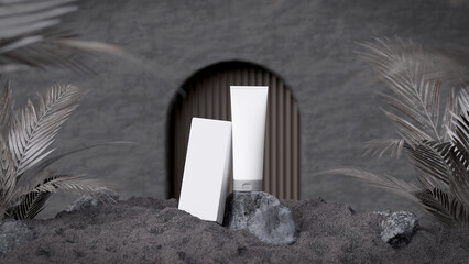 3d white package and box set sit on the rock in the natural standing mock up.