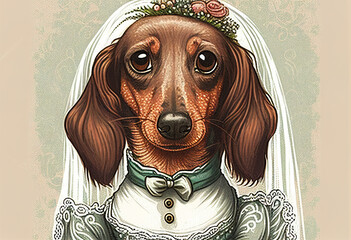 Funny dog stands in a wedding dress and veil on a dark background. AI Generated